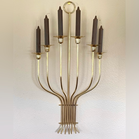Vintage Large Brass Tone Hollywood Regency Cottage Core 6-Candle Wall Sconce - Picture 1 of 10